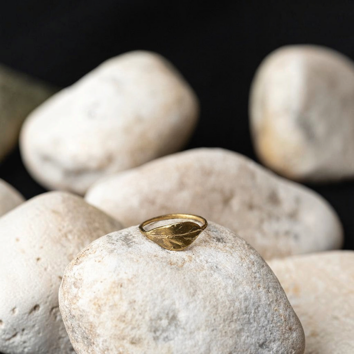 Anello Alloro MandalaT in ottone dorato con design a foglia artigianale poggiato su pietre bianche naturali.