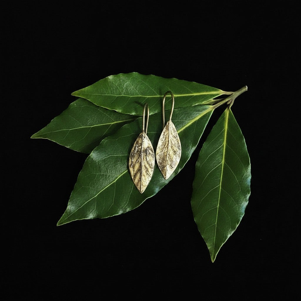 Orecchini MandalaT a forma di foglia di alloro in metallo dorato con chiusura a amo su foglie naturali