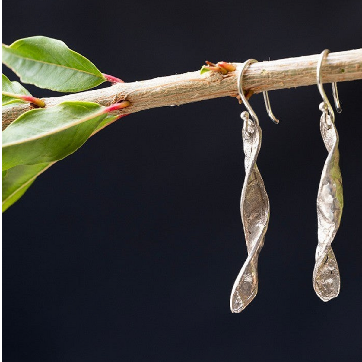 Orecchini pendenti MandalaT Ginestra in argento con design organico a forma di baccello ritorto su un ramo