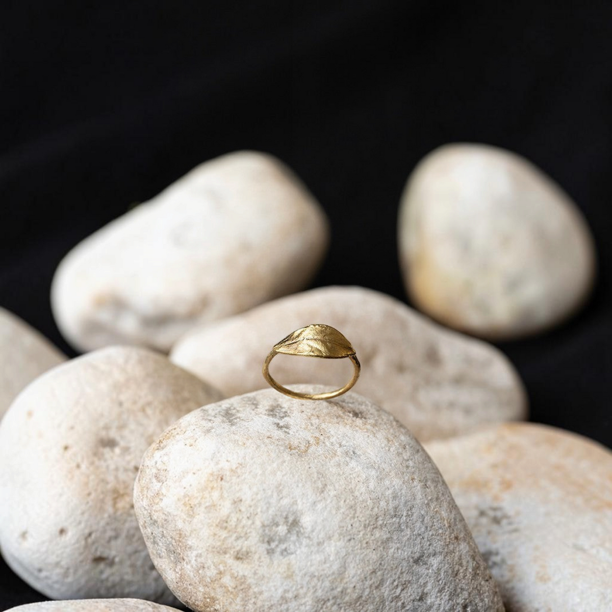 Anello Alloro MandalaT in oro con design a foglia artigianale poggiato su pietre naturali