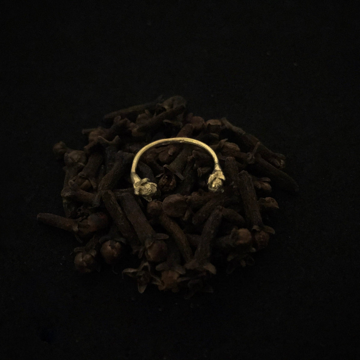 Anello aperto MandalaT Chiodi di garofano in oro lucido poggiato su un letto di chiodi di garofano essiccati