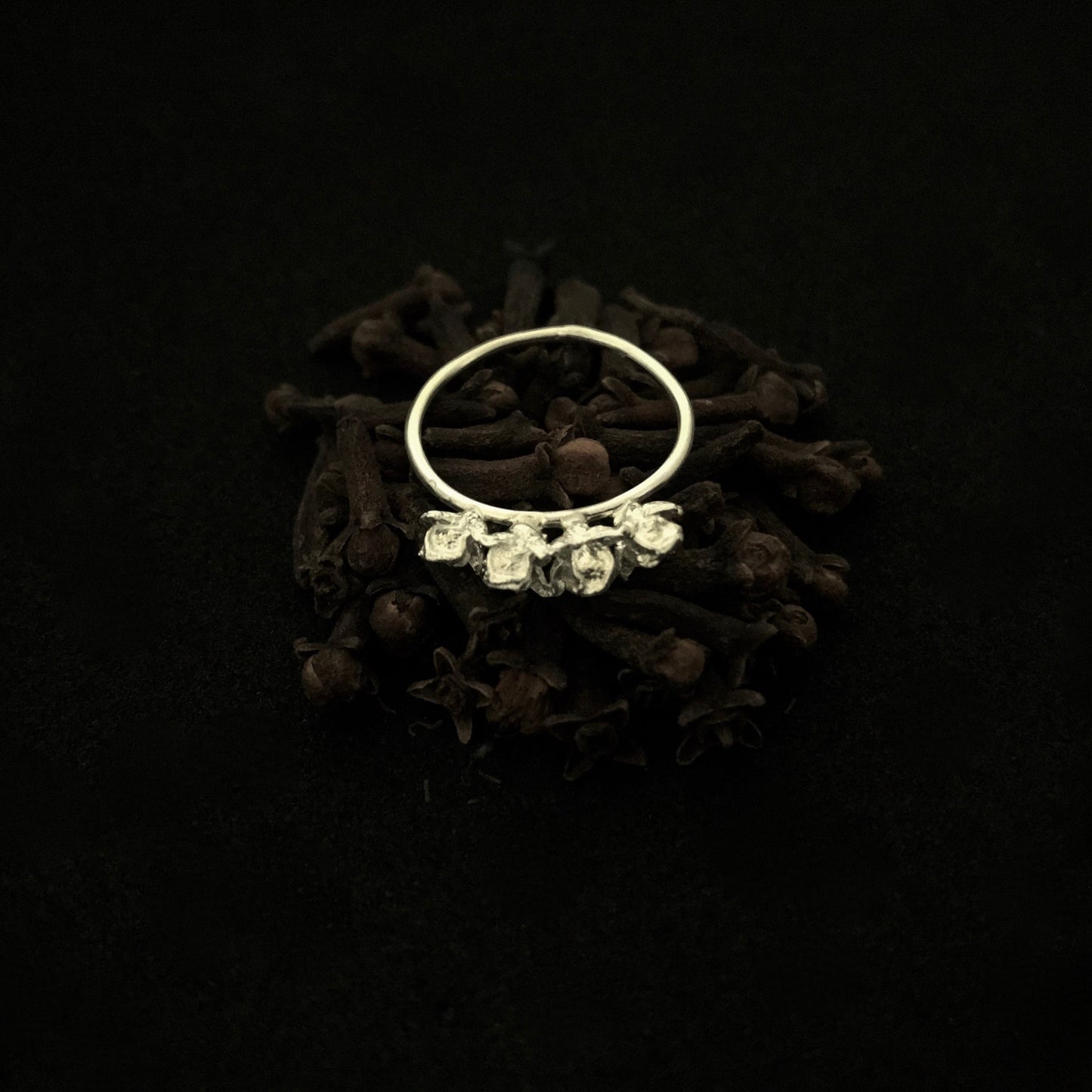 Anello Corona MandalaT in argento con quattro teste a forma di chiodi di garofano su base a filo