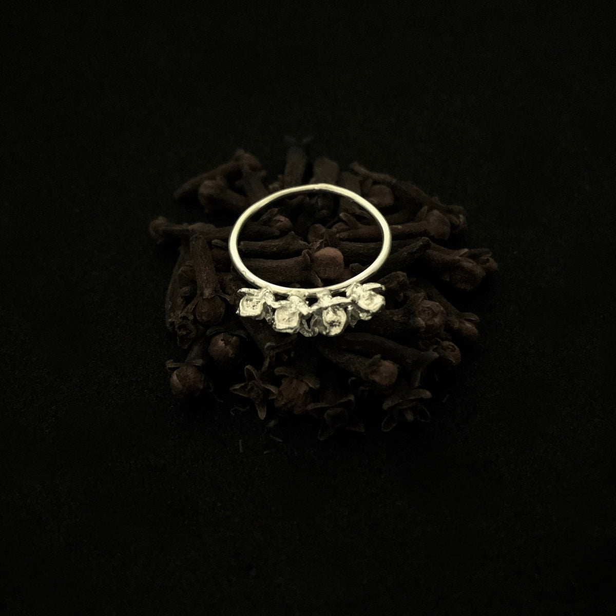 Anello Corona MandalaT in argento con quattro teste a forma di chiodi di garofano su base a filo