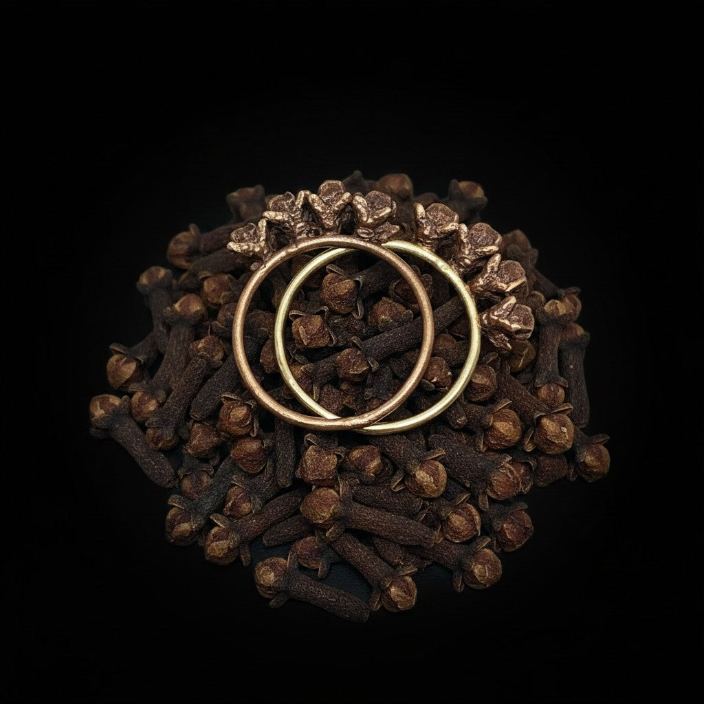 Anello MandalaT a filo con quattro decorazioni a forma di chiodi di garofano in bronzo giallo e rosa su letto di spezie