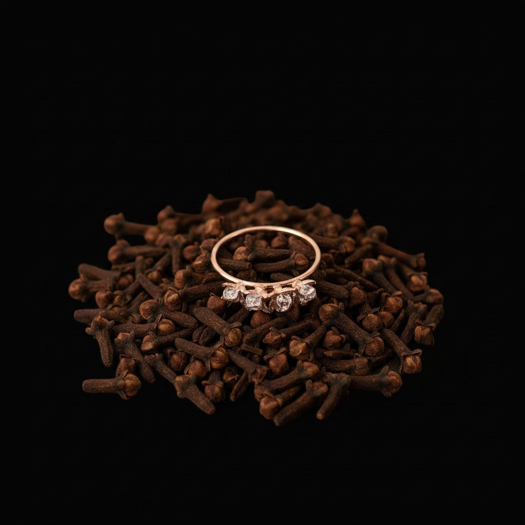 Anello Corona MandalaT in oro rosa con quattro decorazioni a forma di chiodi di garofano su un letto di spezie