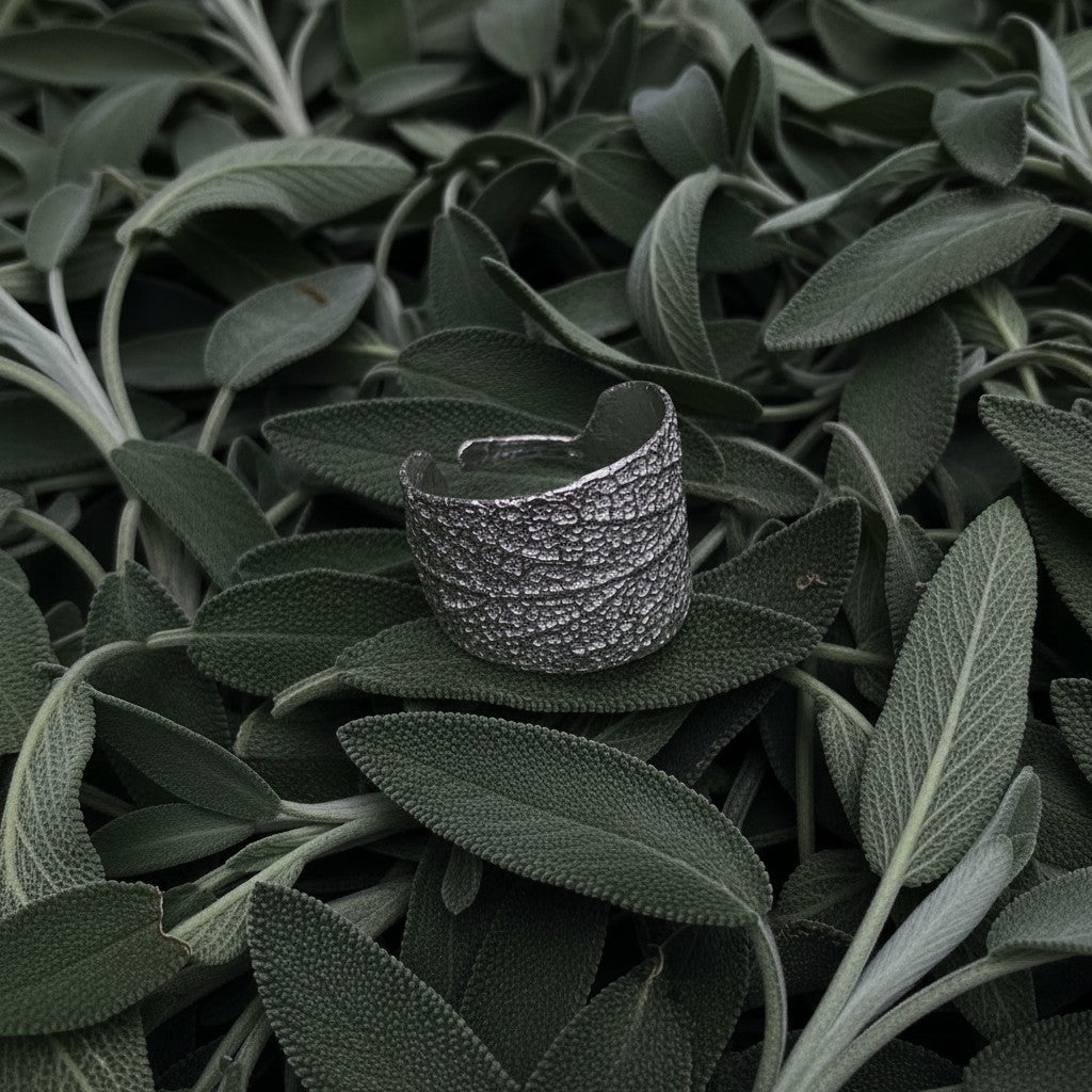 Anello MandalaT a forma di foglia di salvia in argento con trama realistica poggiato su foglie di salvia fresche