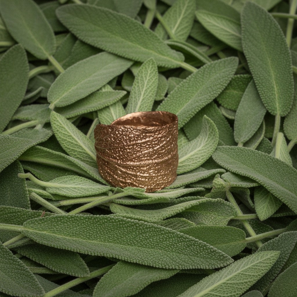 Anello MandalaT a forma di foglie di salvia in bronzo con trama realistica su letto di foglie vere