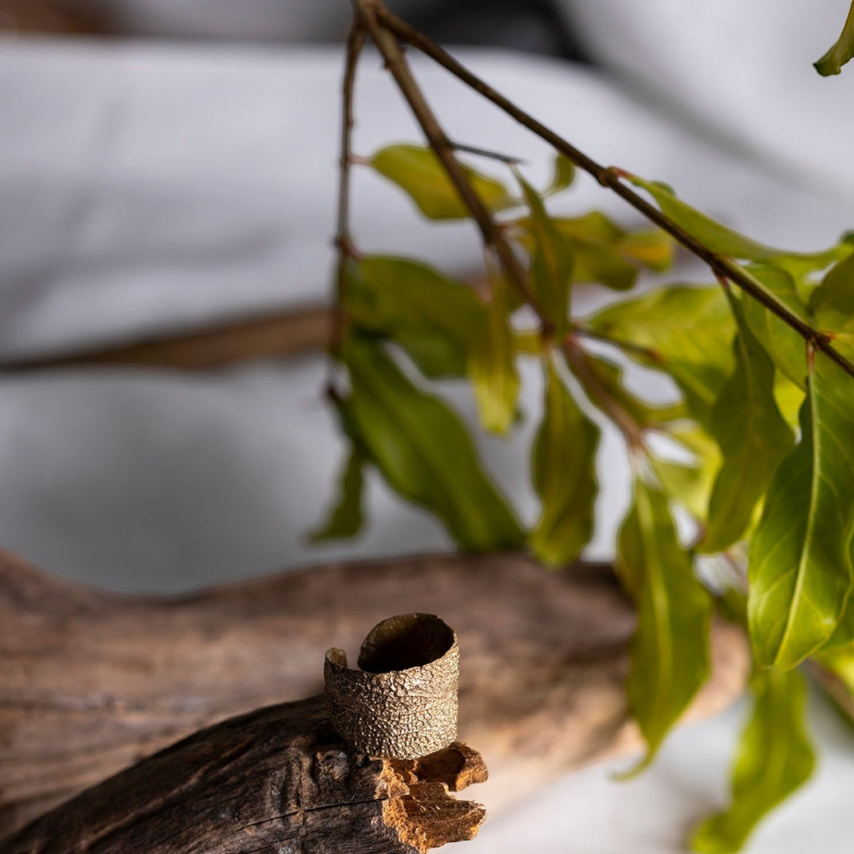 Anello MandalaT a forma di foglia di salvia in bronzo con trama realistica su base di legno