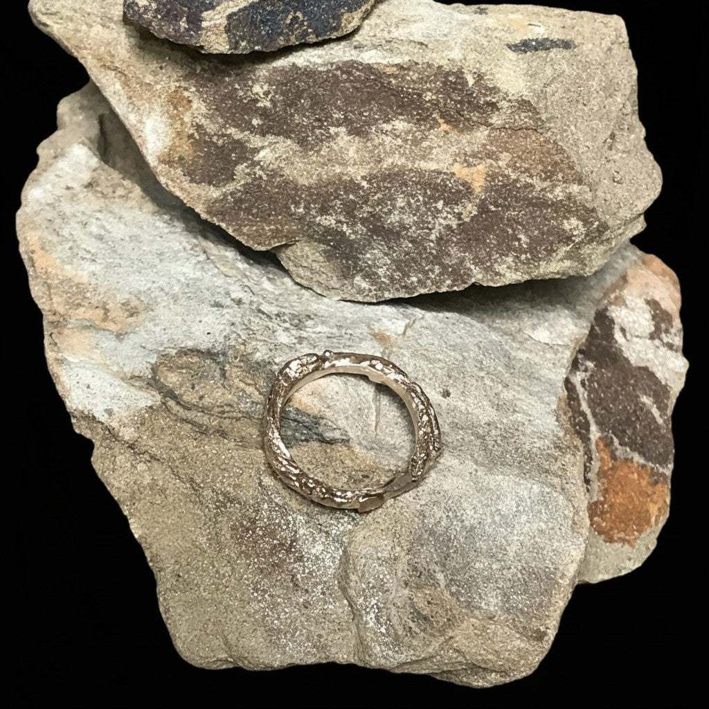 Anello MandalaT a forma di ramo in argento con texture naturale poggiato su una pietra grezza