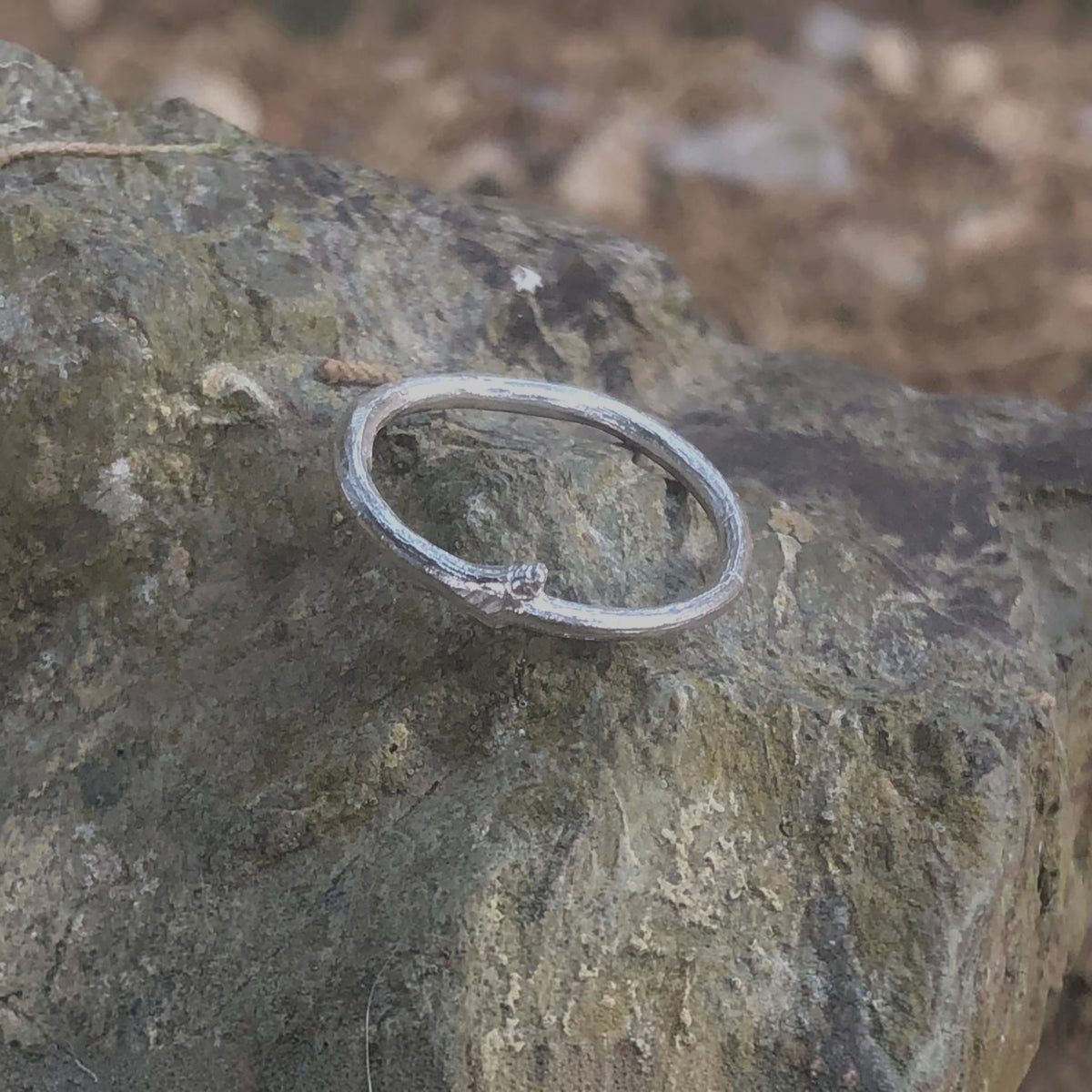 Anello MandalaT a forma di ramo in argento con texture naturale, poggiato su una roccia ruvida.