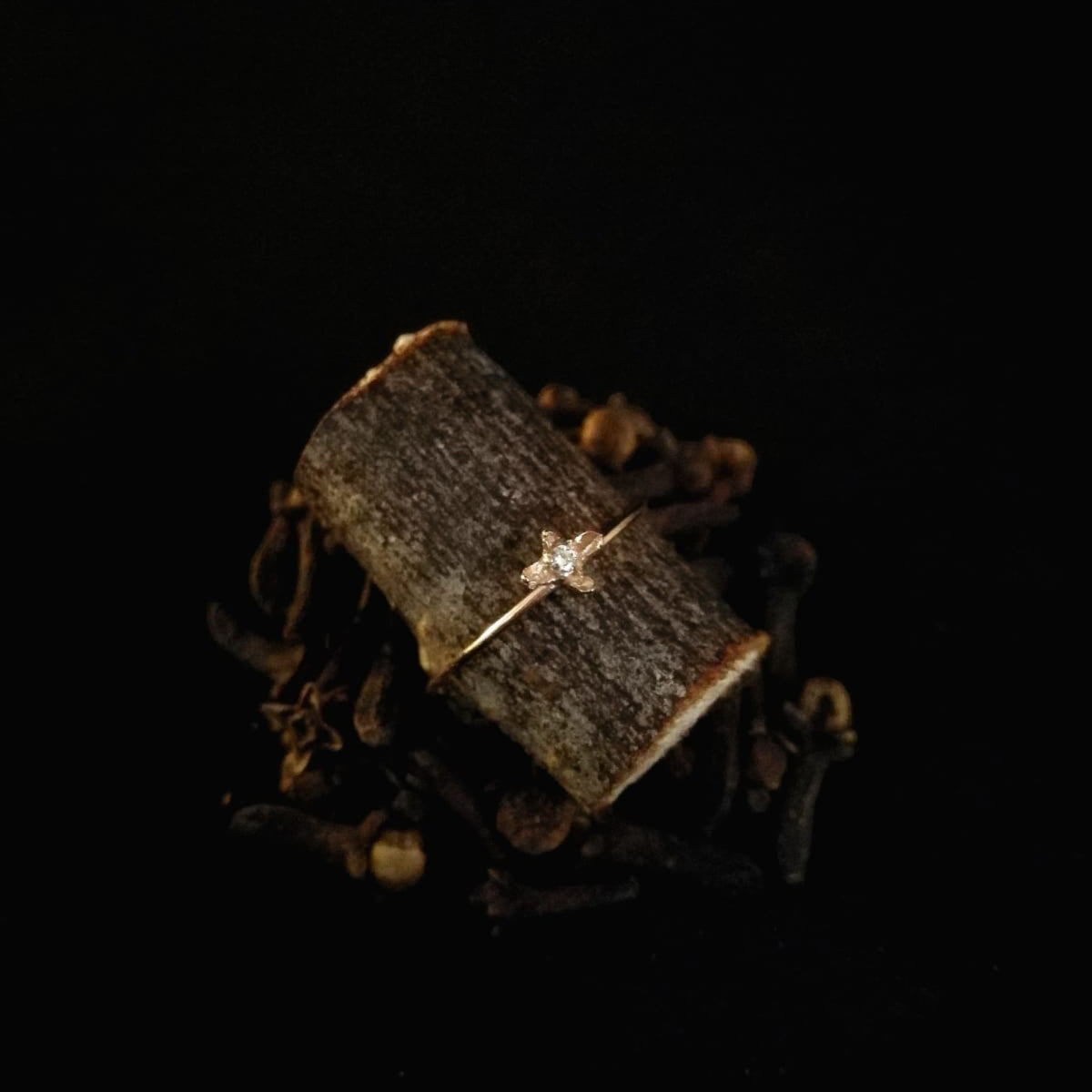 Anello solitario MandalaT Chiodo di Garofano in oro con pietra preziosa incastonata su base di legno e chiodi di garofano