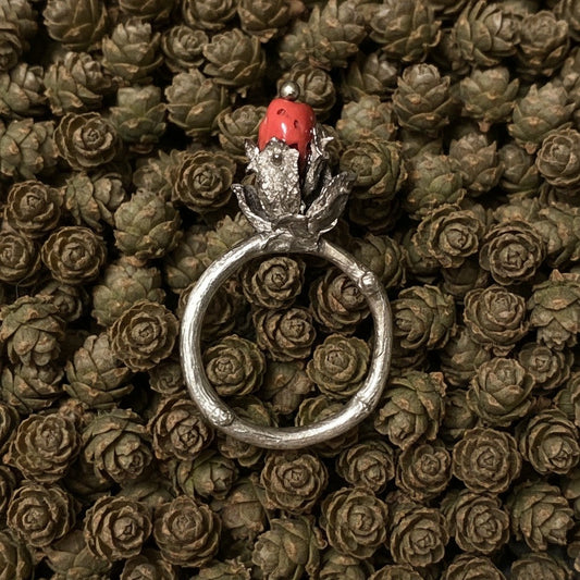 Anello MandalaT Tuia Corallo in metallo brunito con texture organica e corallo rosso naturale su sfondo di pigne