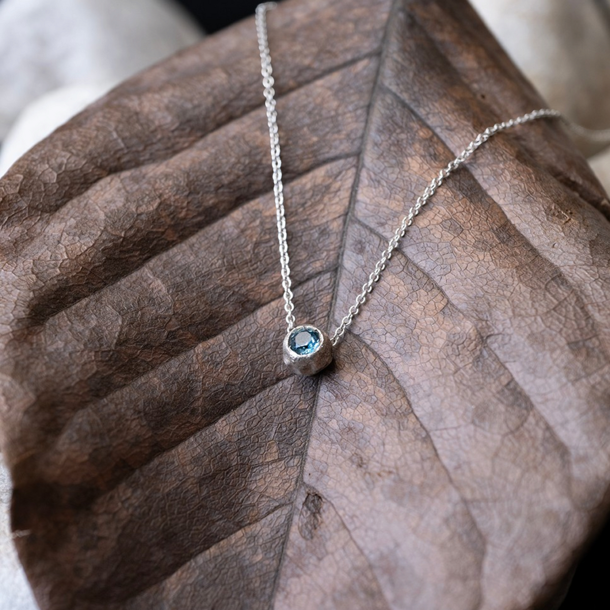 Collana MandalaT con ciondolo luminoso contenente un fiore di callistemone su una foglia secca