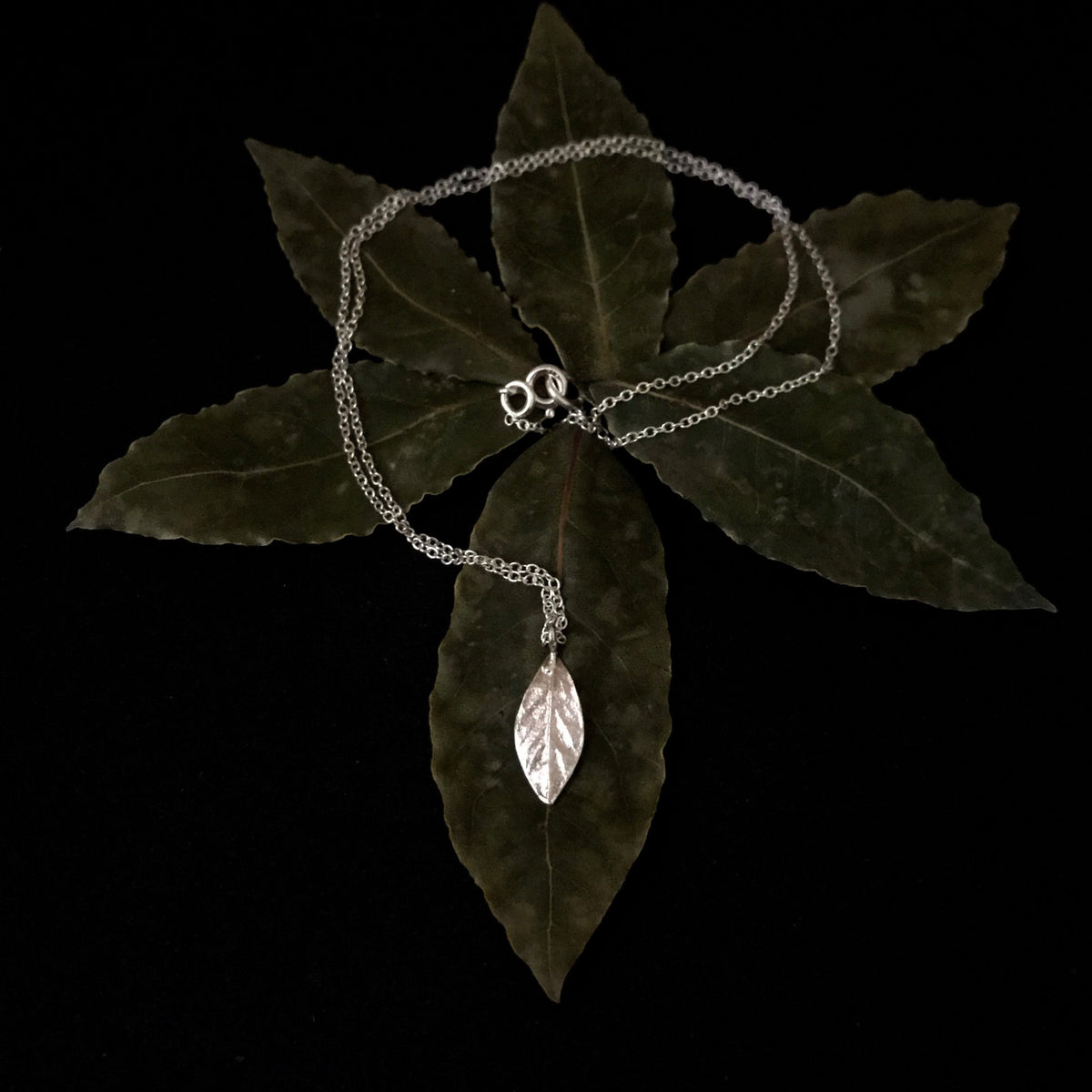 Collana MandalaT in argento con ciondolo a forma di foglia di alloro piccola su sfondo nero