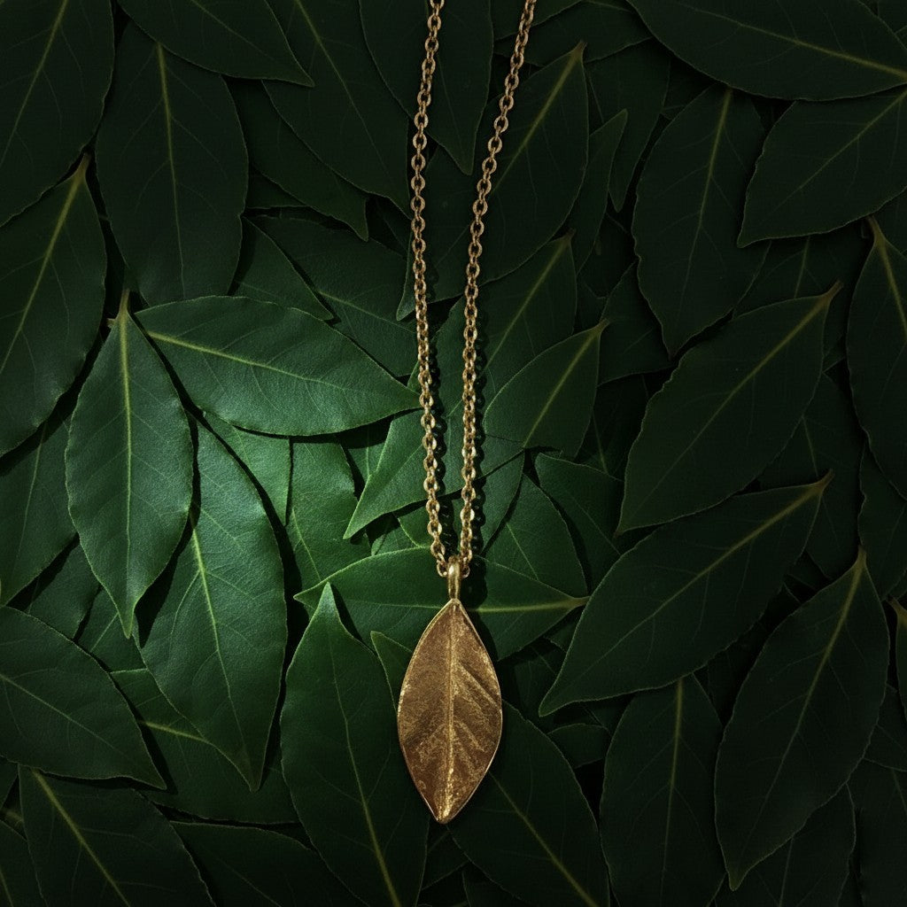 Collana MandalaT in oro con pendente a forma di foglia di alloro piccola su sfondo di foglie verdi naturali