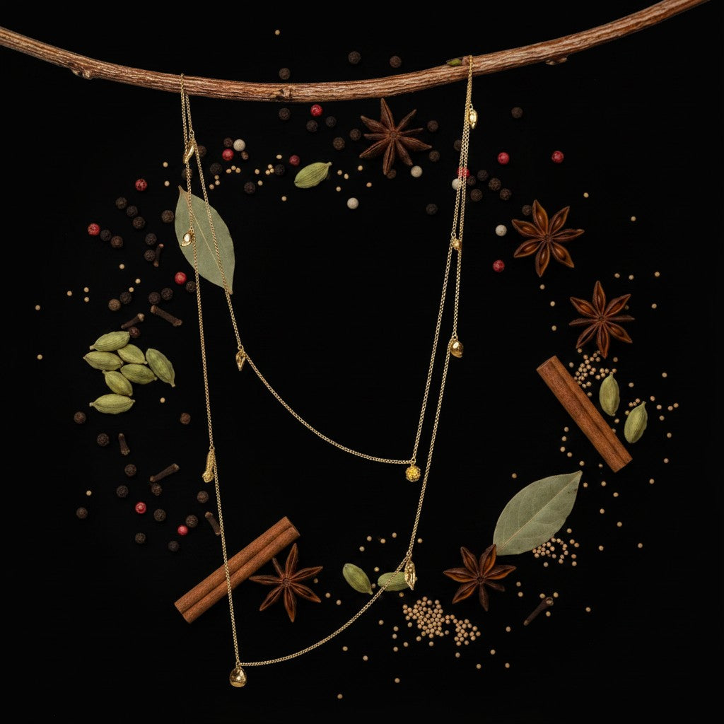 Collana MandalaT Masala molto lunga con piccoli ciondoli a forma di semi e spezie su sfondo nero
