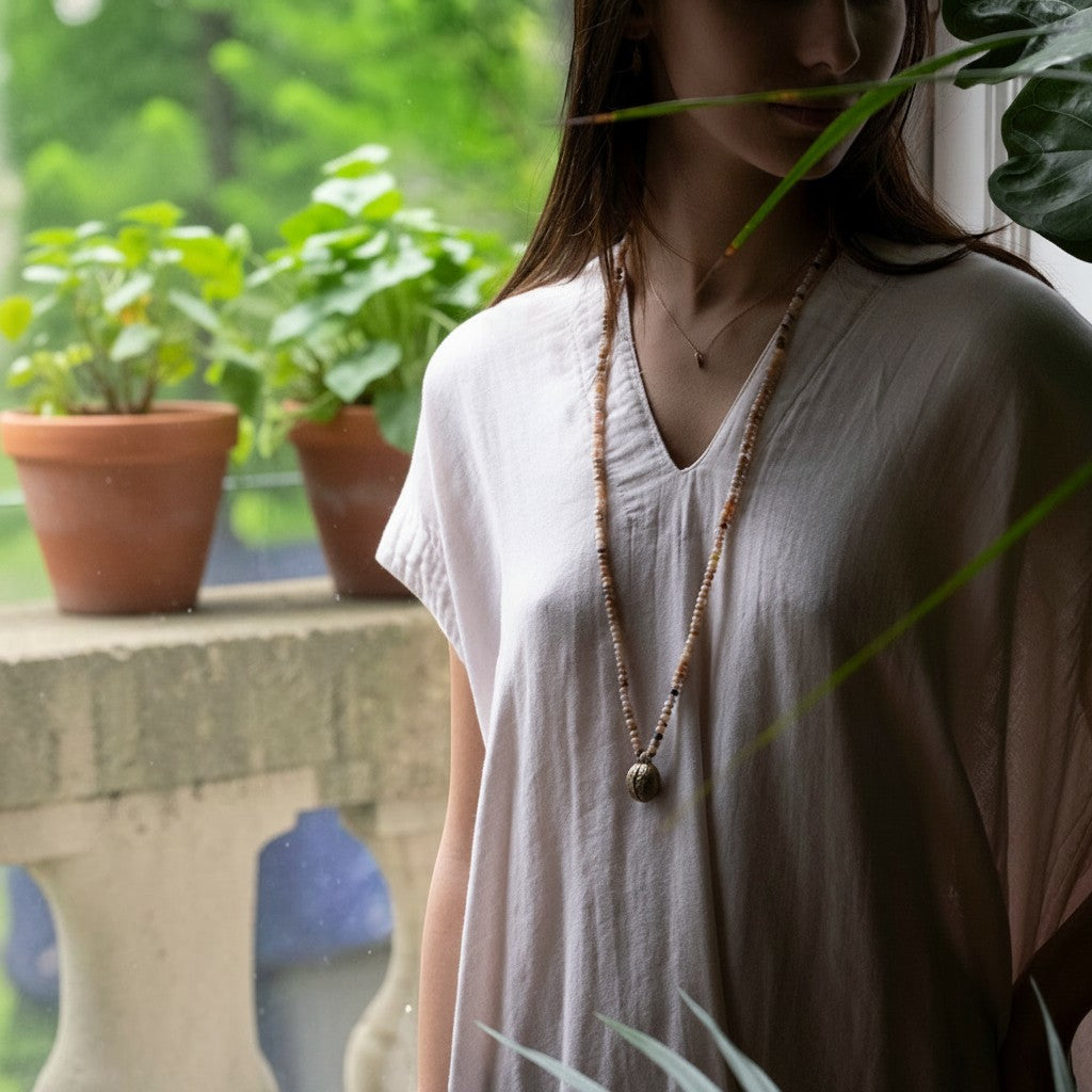 Collana MandalaT con pendente a forma di noce naturale su lunga catena di perline, indossata da una donna.