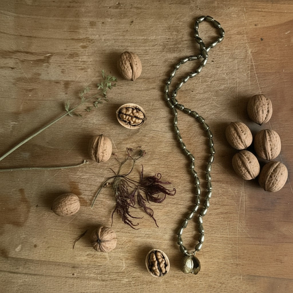 Collana Noce di MandalaT con pendente a forma di guscio di noce naturale su catena di perline metalliche scure