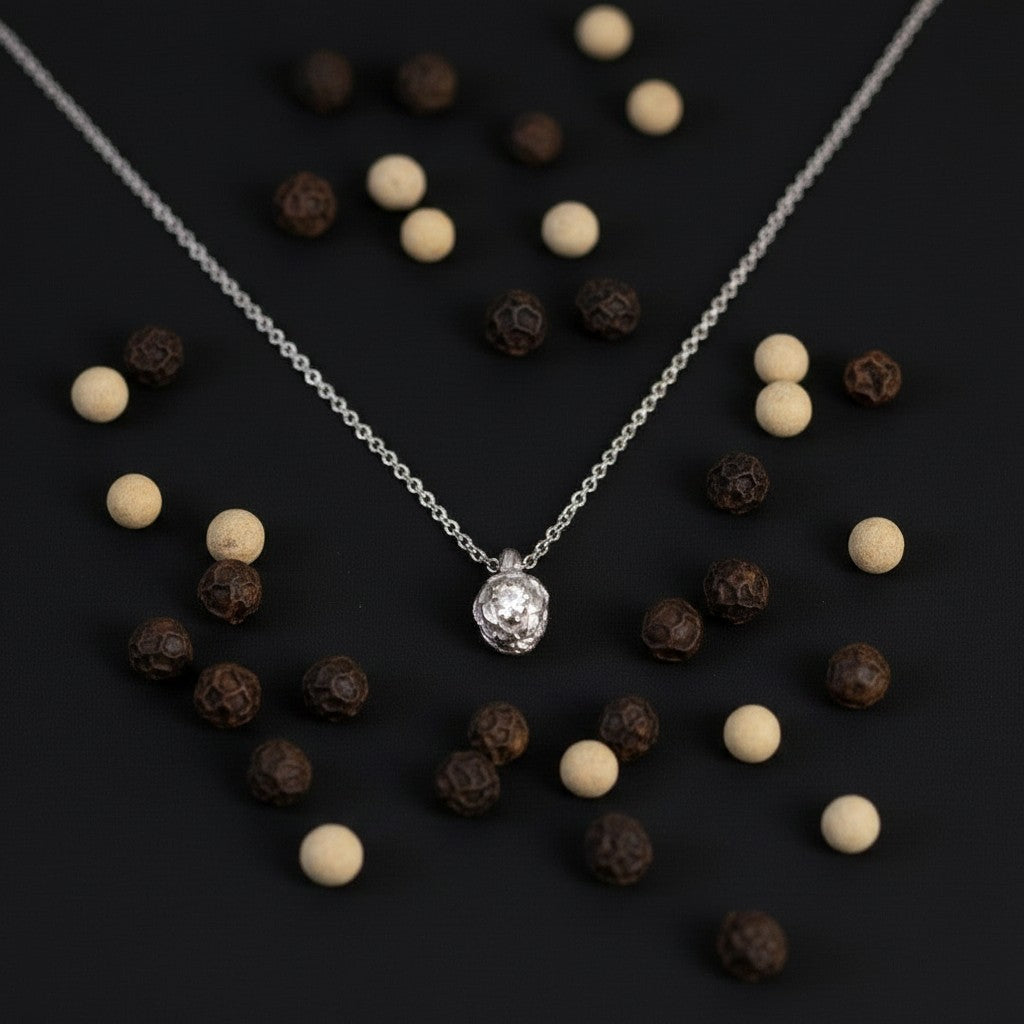 Collana MandalaT Pepe in argento con ciondolo a forma di grano di pepe su sfondo nero con grani di pepe sparsi