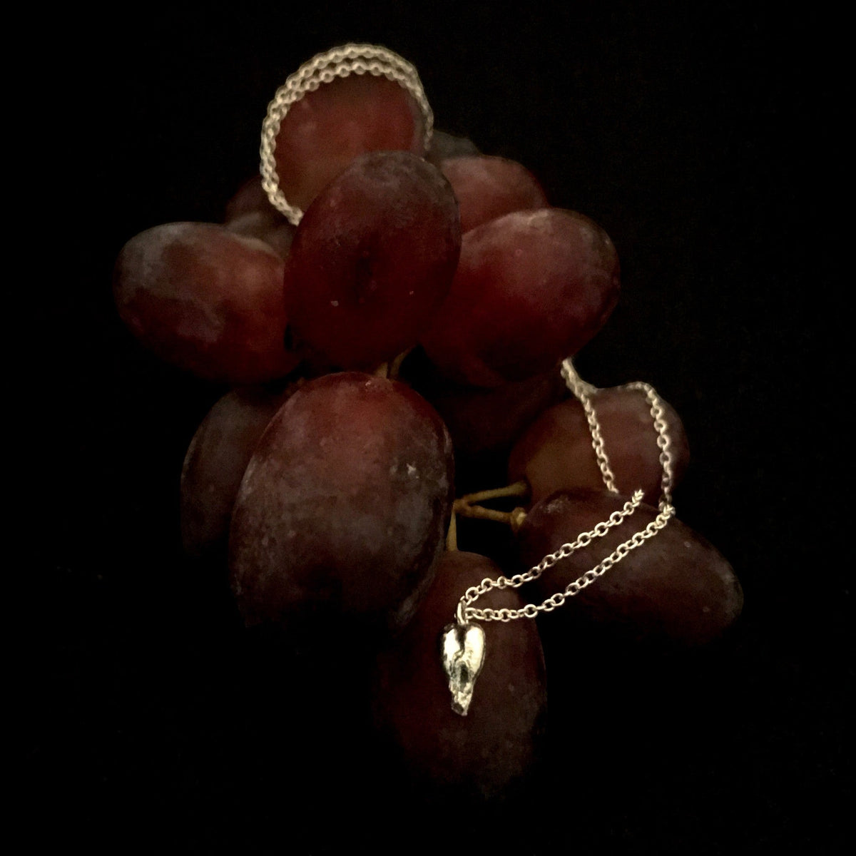 Collana MandalaT in argento con ciondolo a forma di seme d'uva, simbolo di salute e benessere su grappolo d'uva rossa