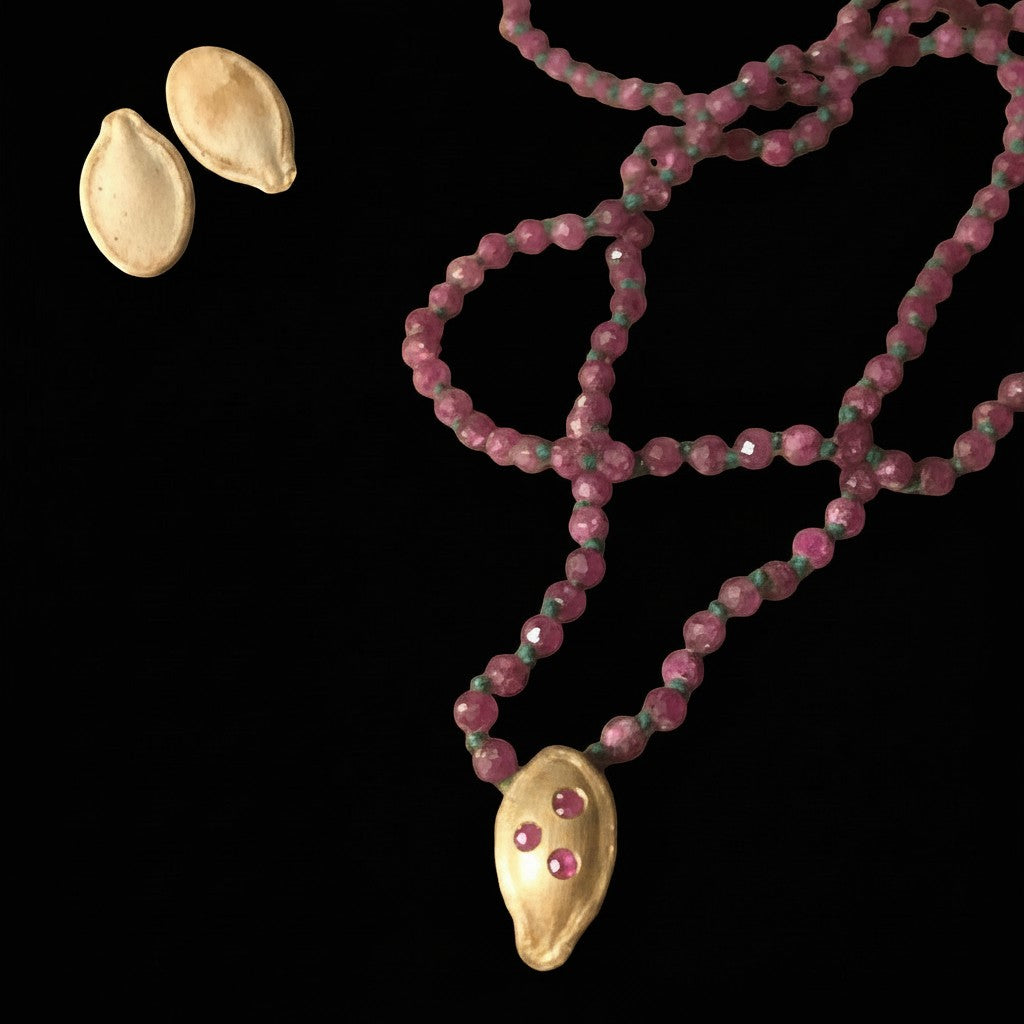 Collana MandalaT artigianale con ciondolo seme di zucca in oro e pietre rosa su catena di perline sfaccettate