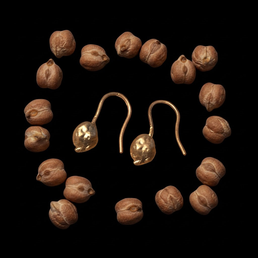 Orecchini MandalaT Cece amo in oro con forma di cece, design casual e simpatico su sfondo nero