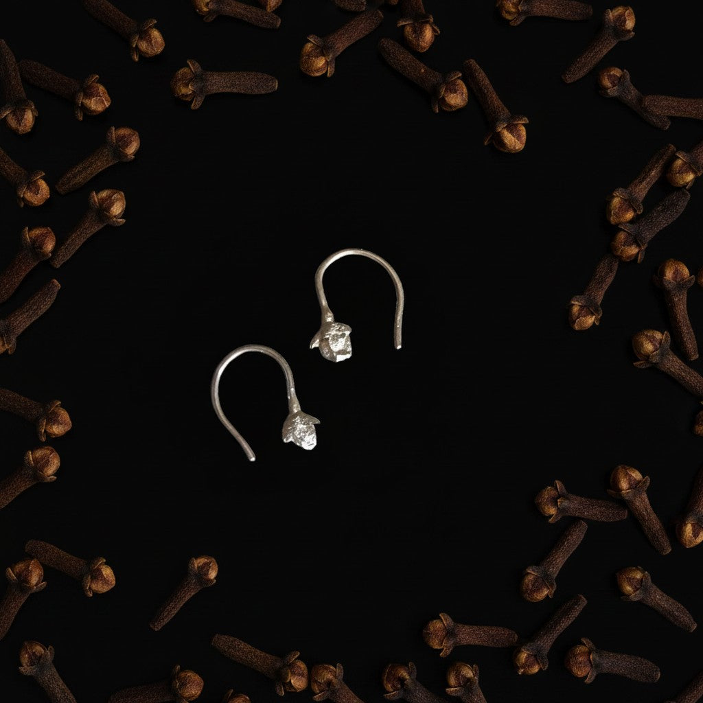 Orecchini MandalaT a forma di chiodo di garofano in argento, eleganti e delicati su sfondo nero con spezie.