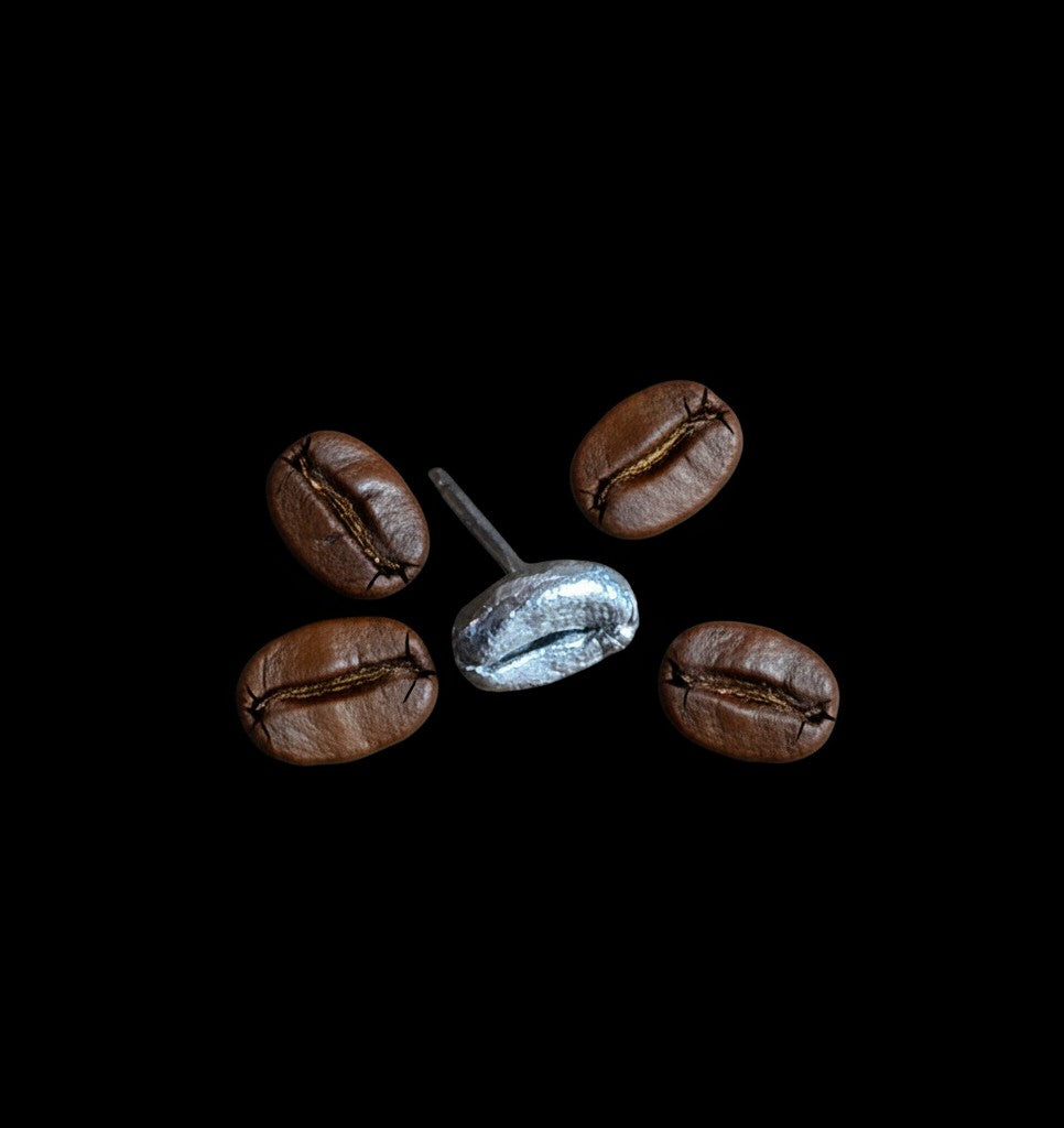 Orecchino a lobo MandalaT a forma di chicco di caffè in argento circondato da chicchi di caffè naturali