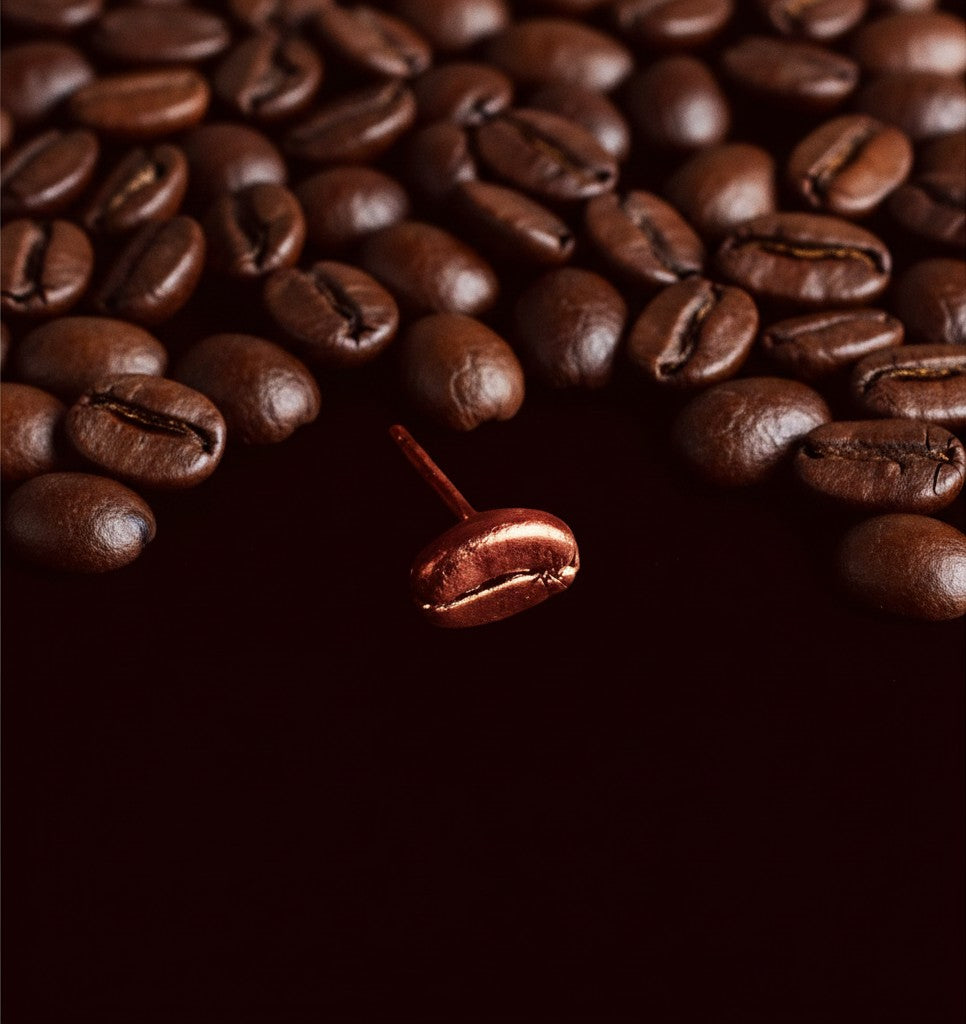 Orecchino a lobo MandalaT a forma di chicco di caffè color bronzo posizionato tra chicchi di caffè tostati