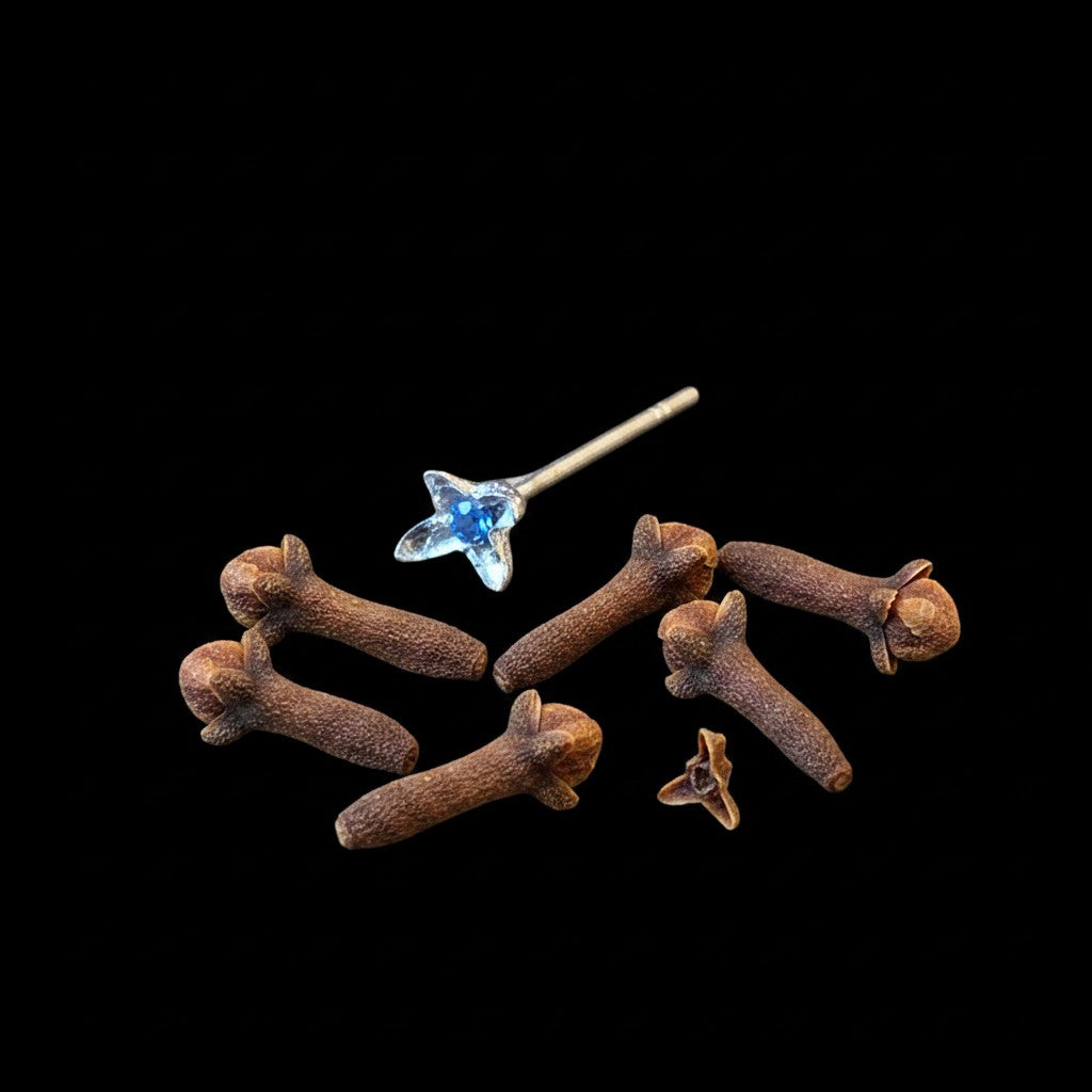 Orecchino singolo a lobo MandalaT a forma di chiodo di garofano in argento con piccola pietra blu centrale