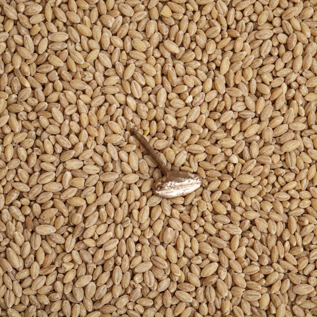 Orecchino a lobo MandalaT Farro singolo in oro, dalla forma di chicco di cereale, poggiato su una base di farro.