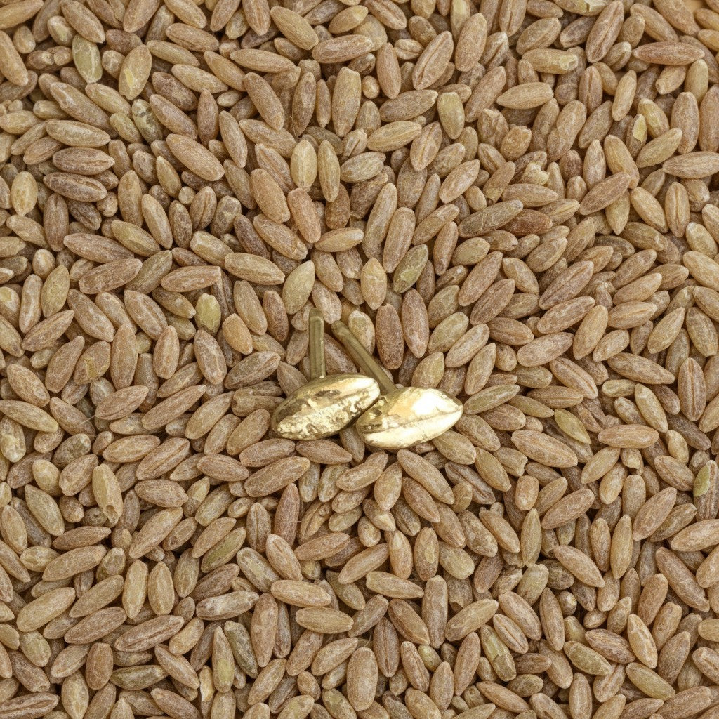 Orecchino a lobo MandalaT Farro in oro con forma di chicco di cereale, poggiato su una base di chicchi di farro veri.