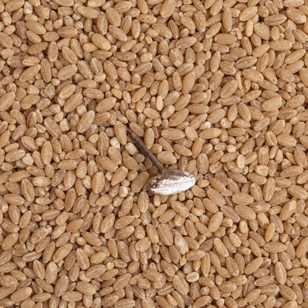 Orecchino a lobo MandalaT a forma di chicco di farro in metallo, poggiato su una distesa di chicchi di farro veri.