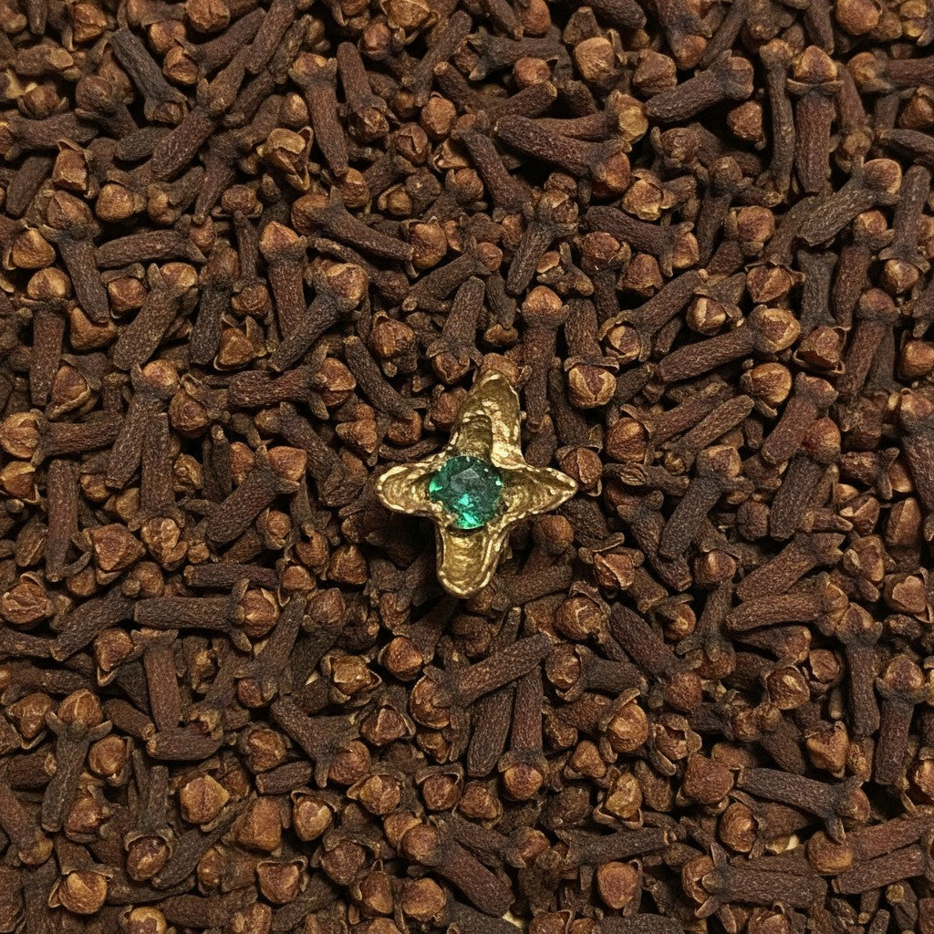 Orecchino singolo MandalaT a forma di fiore in oro con pietra verde centrale, poggiato su un letto di chiodi di garofano