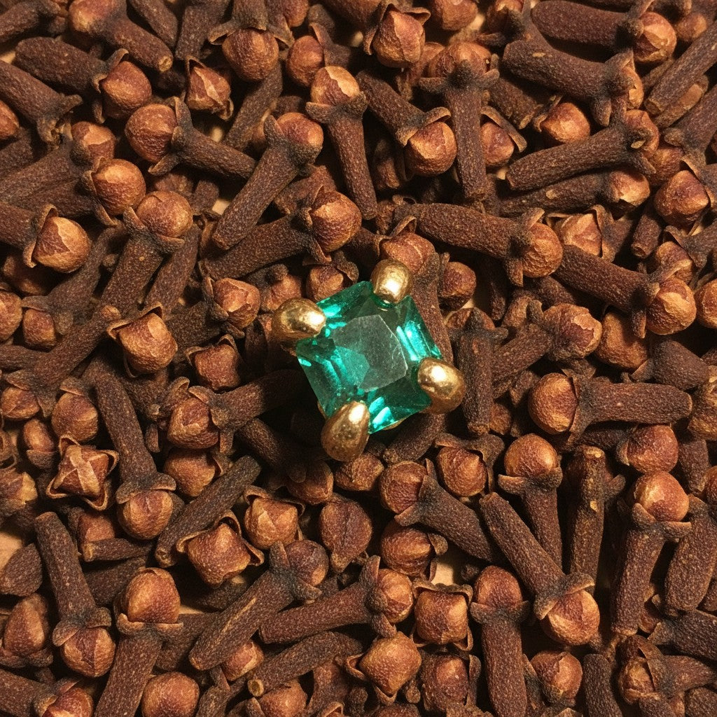 Orecchino singolo a lobo MandalaT con pietra verde quadrata incastonata su base dorata tra chiodi di garofano